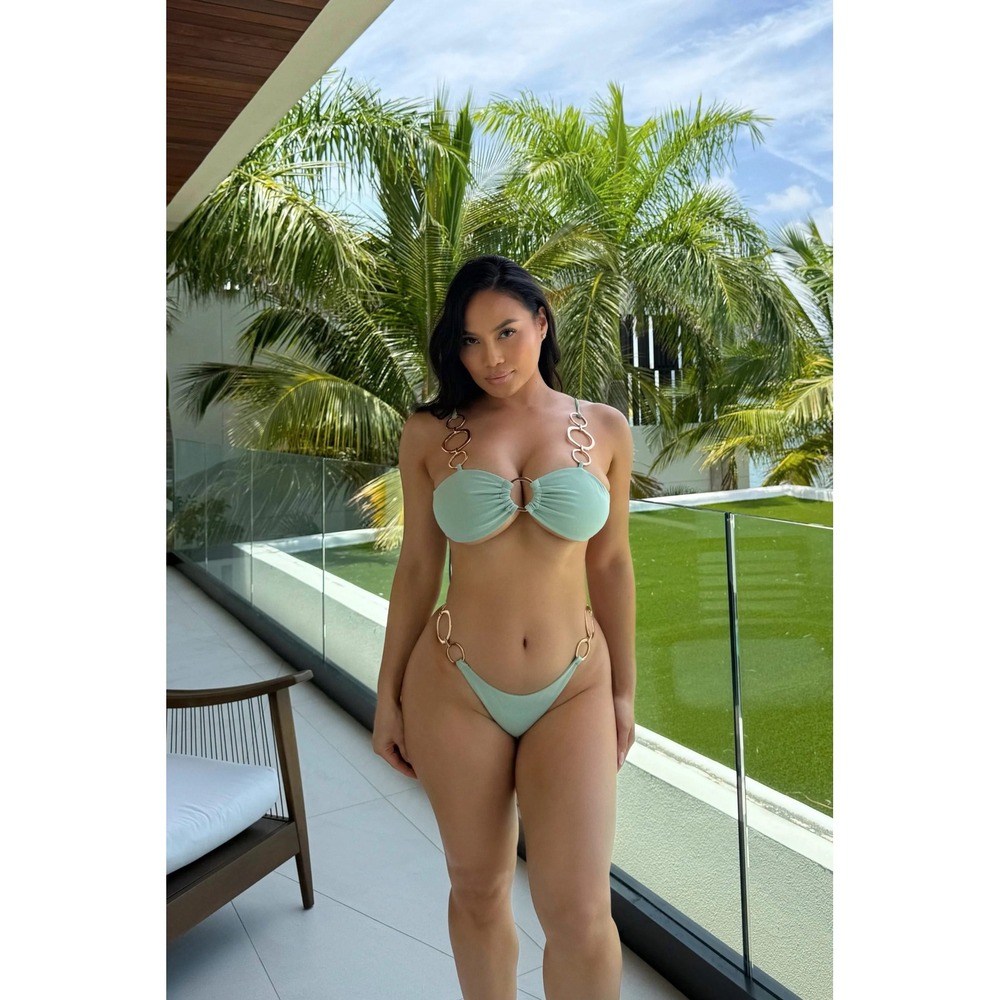 Sage Green Gold Ring Bandeau Bikini Set Daphne Joy Sei Cheeky Size M